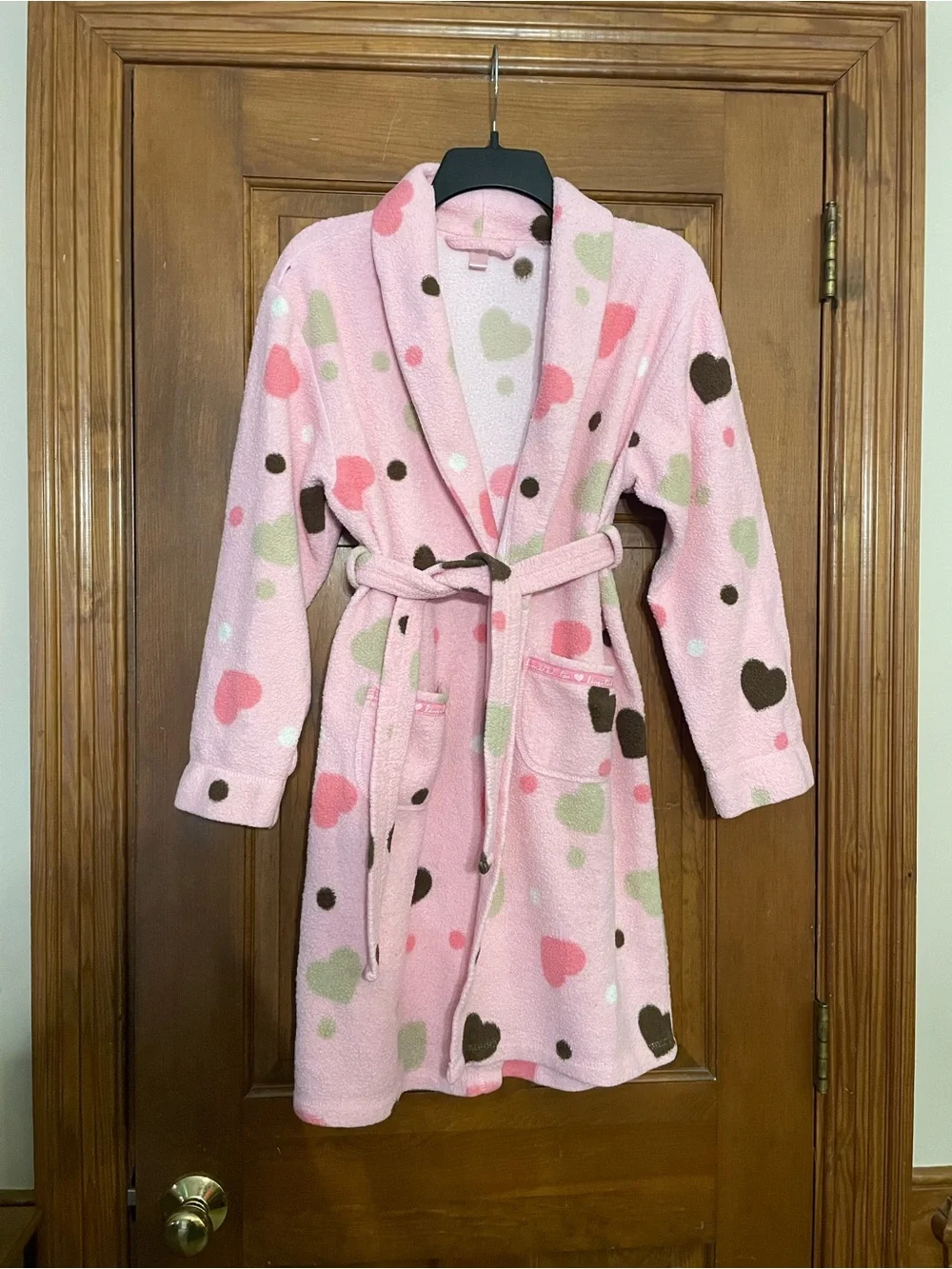 Limited Too Kids Pink Heart Print Plush Robe Tie Waist Patch Pockets Size 18/20‎